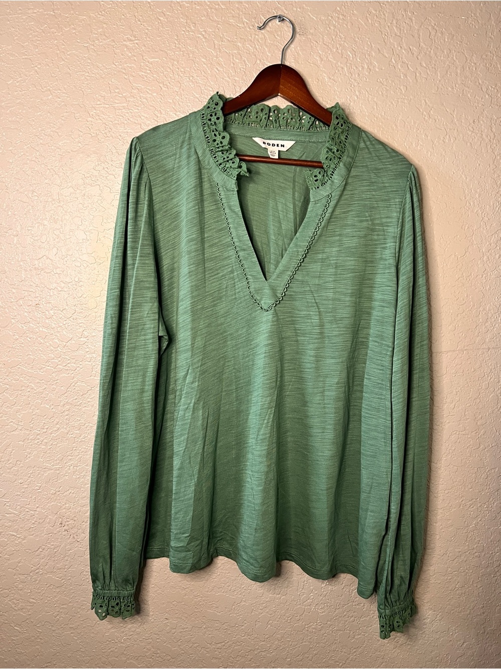 Boden Green Lace-Trim Long Sleeve Top XL